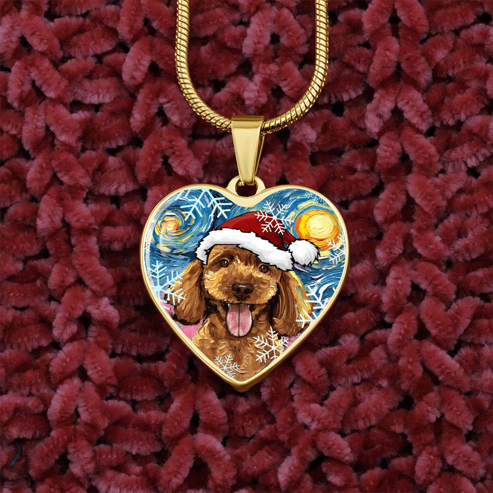 Apricot Poodle Puppy in Santa Hat Starry Night Heart Necklace