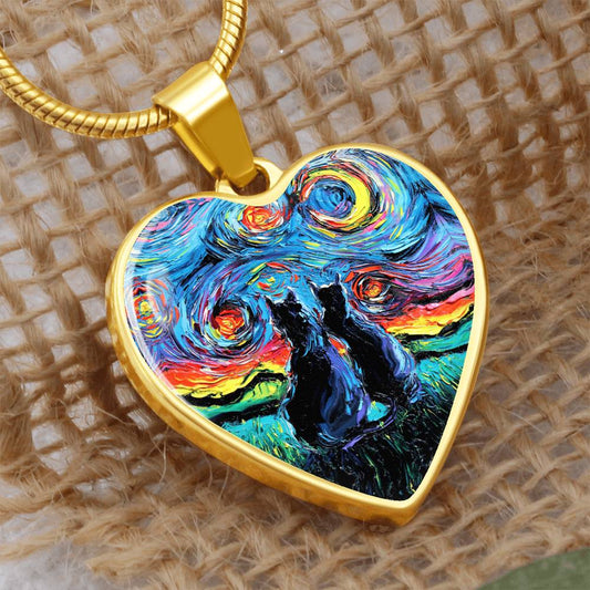 Van Gogh's Cats Starry Night Heart Necklace