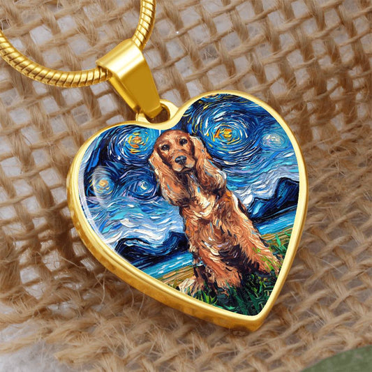 Red Cocker Spaniel Starry Night Heart Necklace