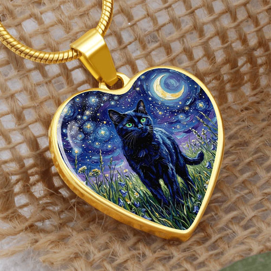 Amongst The Flowers - Black Cat Heart Necklace