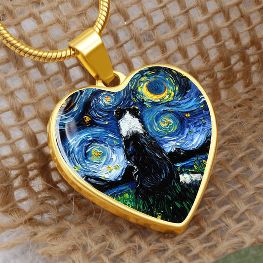 Border Collie Back Starry Night Heart Necklace