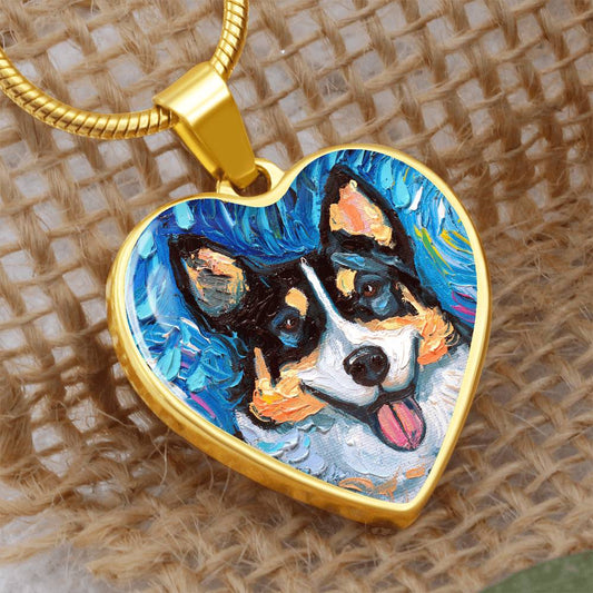 Tri Color Corgi Portrait Starry Night Heart Necklace