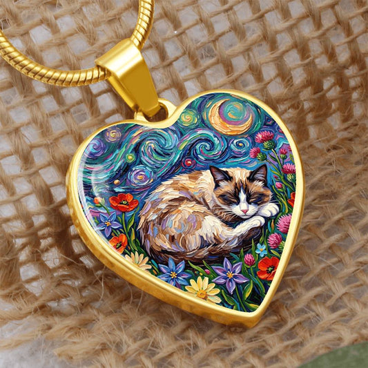 Sleepy Snowshoe Cat Night Heart Necklace