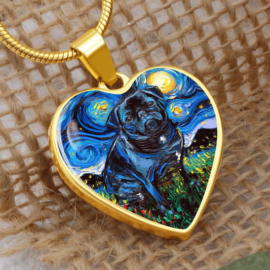 Black Pug Starry Night Heart Pendant