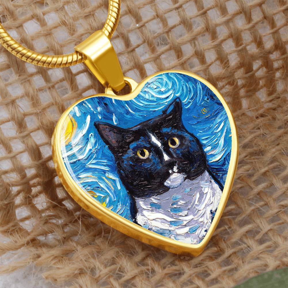 Tuxedo Cat Portrait Starry Night Heart Necklace