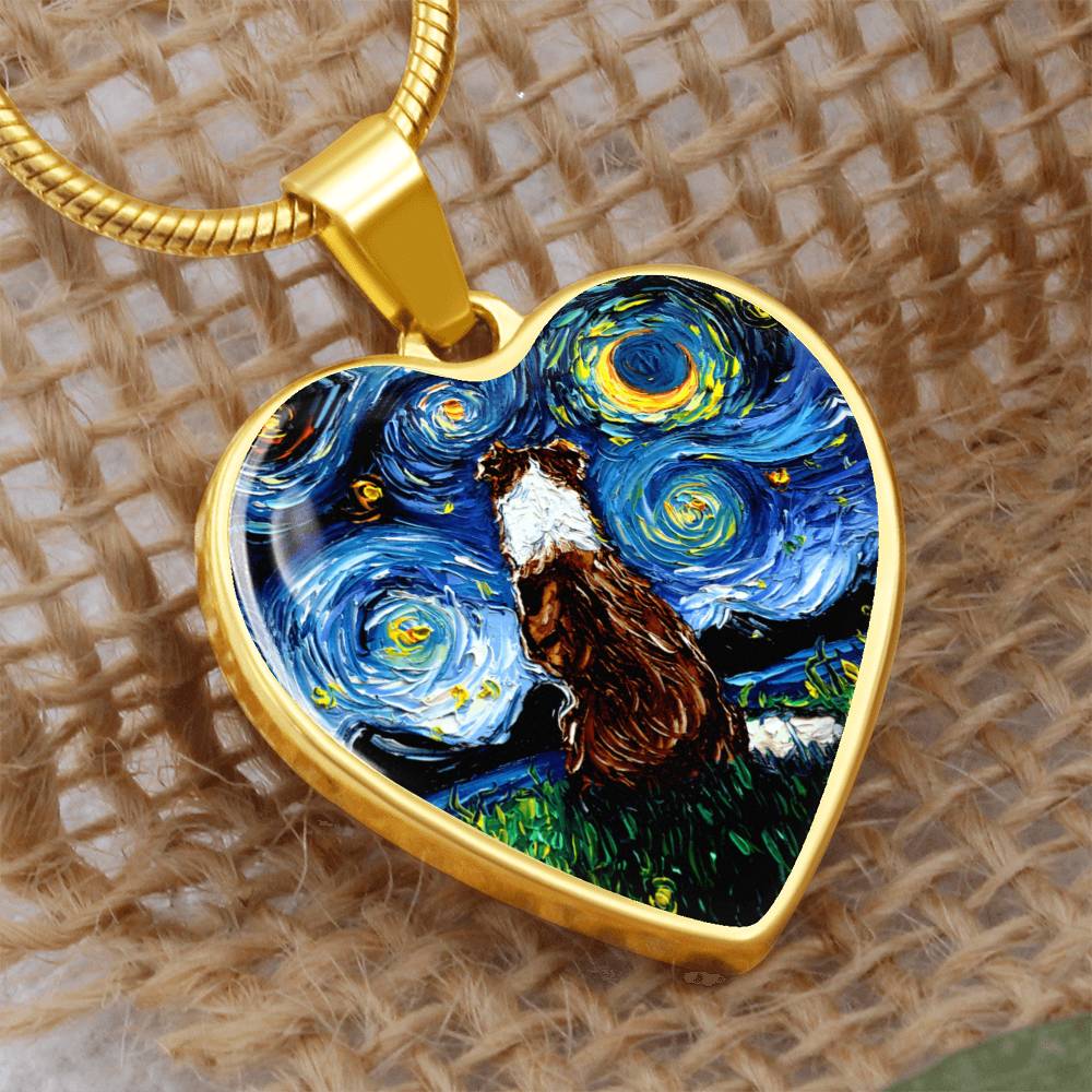 Red Border Collie Starry Night Heart Necklace