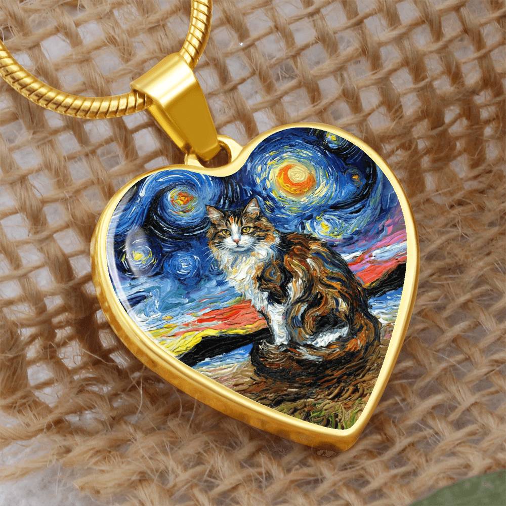 Calico Cat 2 Starry Night Heart Necklace