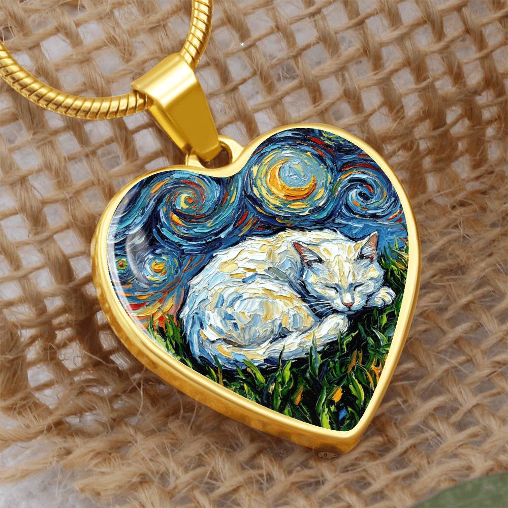 Sleepy White Cat Night Heart Necklace
