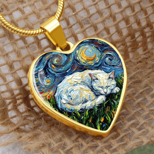 Sleepy White Cat Night Heart Necklace