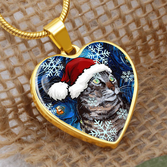 Tabby Cat in Santa Hat Starry Night Heart Necklace