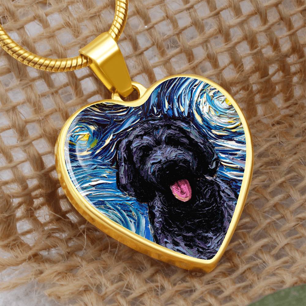 Black Goldendoodle Portrait Starry Night Heart Necklace