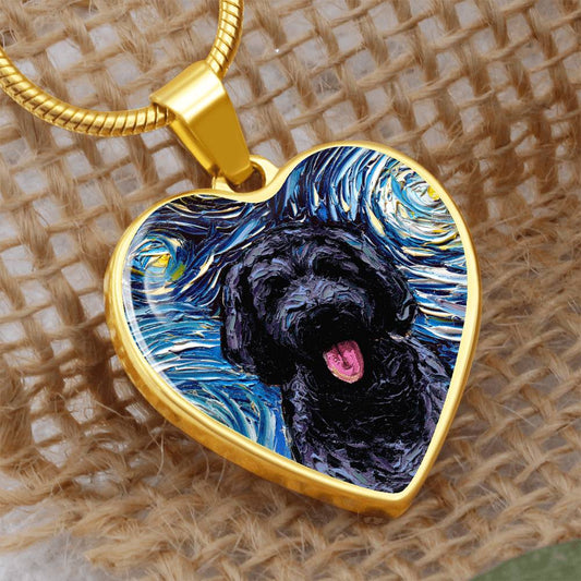 Black Goldendoodle Portrait Starry Night Heart Necklace