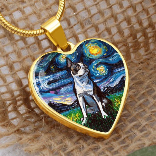Boston Terrier Starry Night Heart Necklace