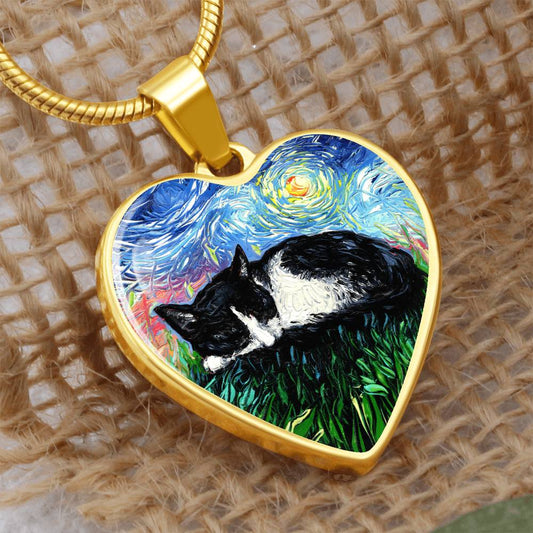 Sleepy Tuxedo Kitten Starry Night Heart Necklace