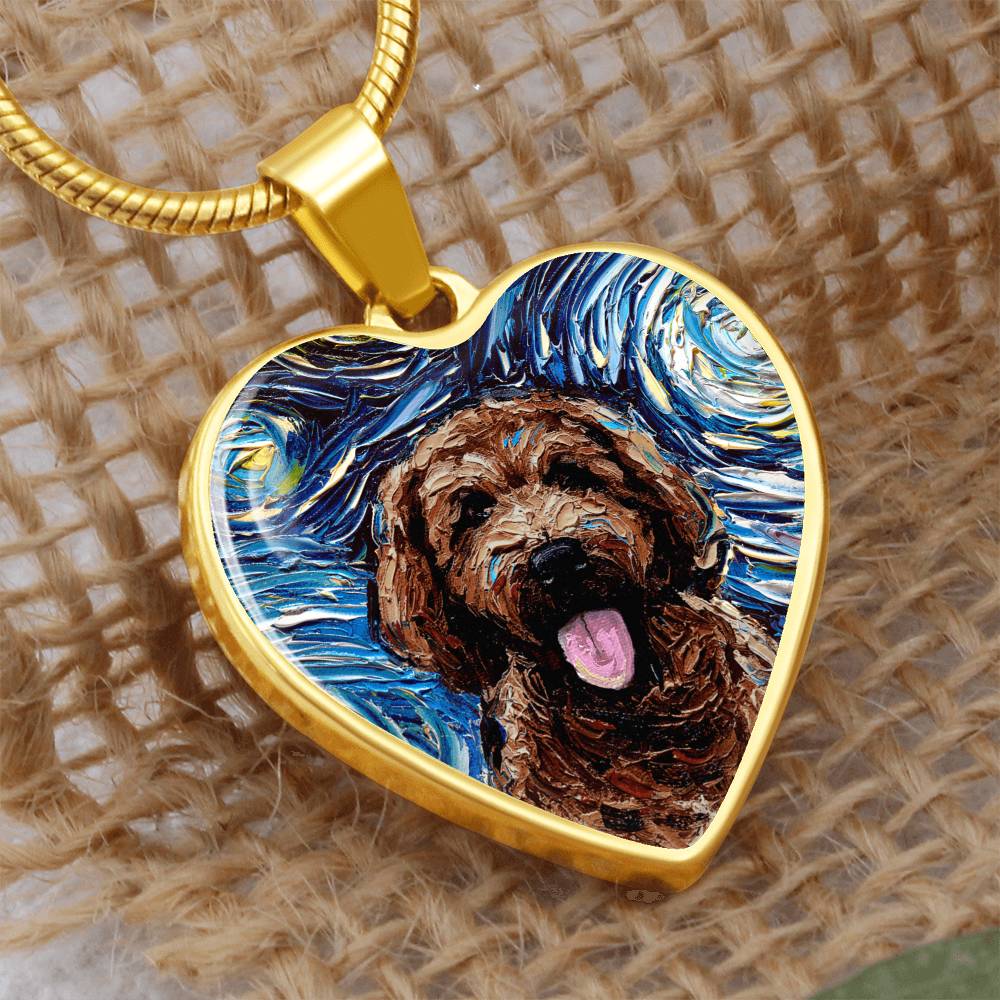 Brown Goldendoodle Portrait Starry Night Heart Necklace