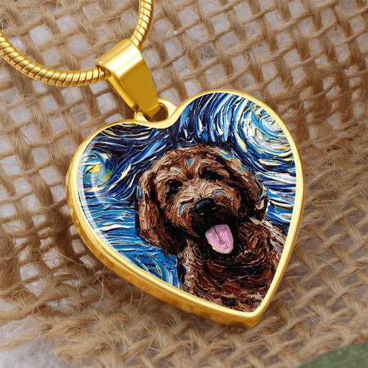 Brown Goldendoodle Portrait Starry Night Heart Necklace