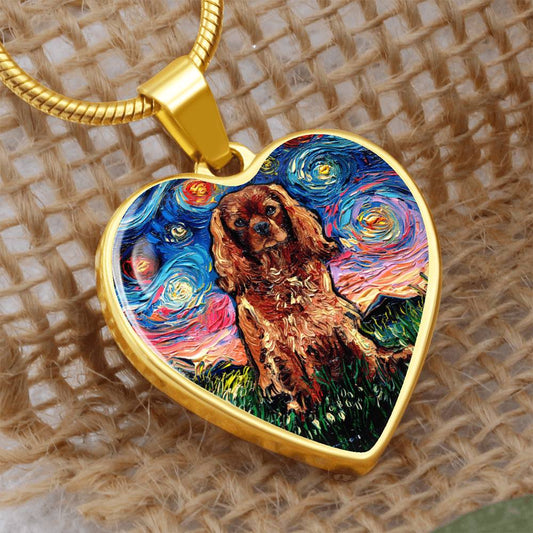 Ruby Cavalier King Charles Spaniel Starry Night Heart Necklace