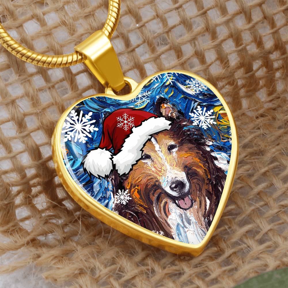 Collie In Santa Hat Starry Night Heart Necklace