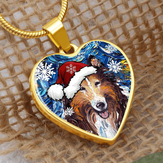 Collie In Santa Hat Starry Night Heart Necklace
