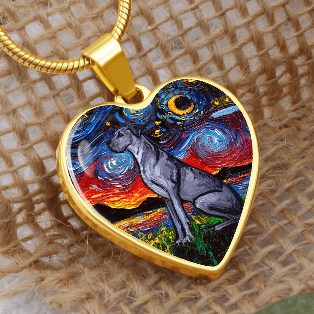 Blue Great Dane Starry Night Heart Necklace