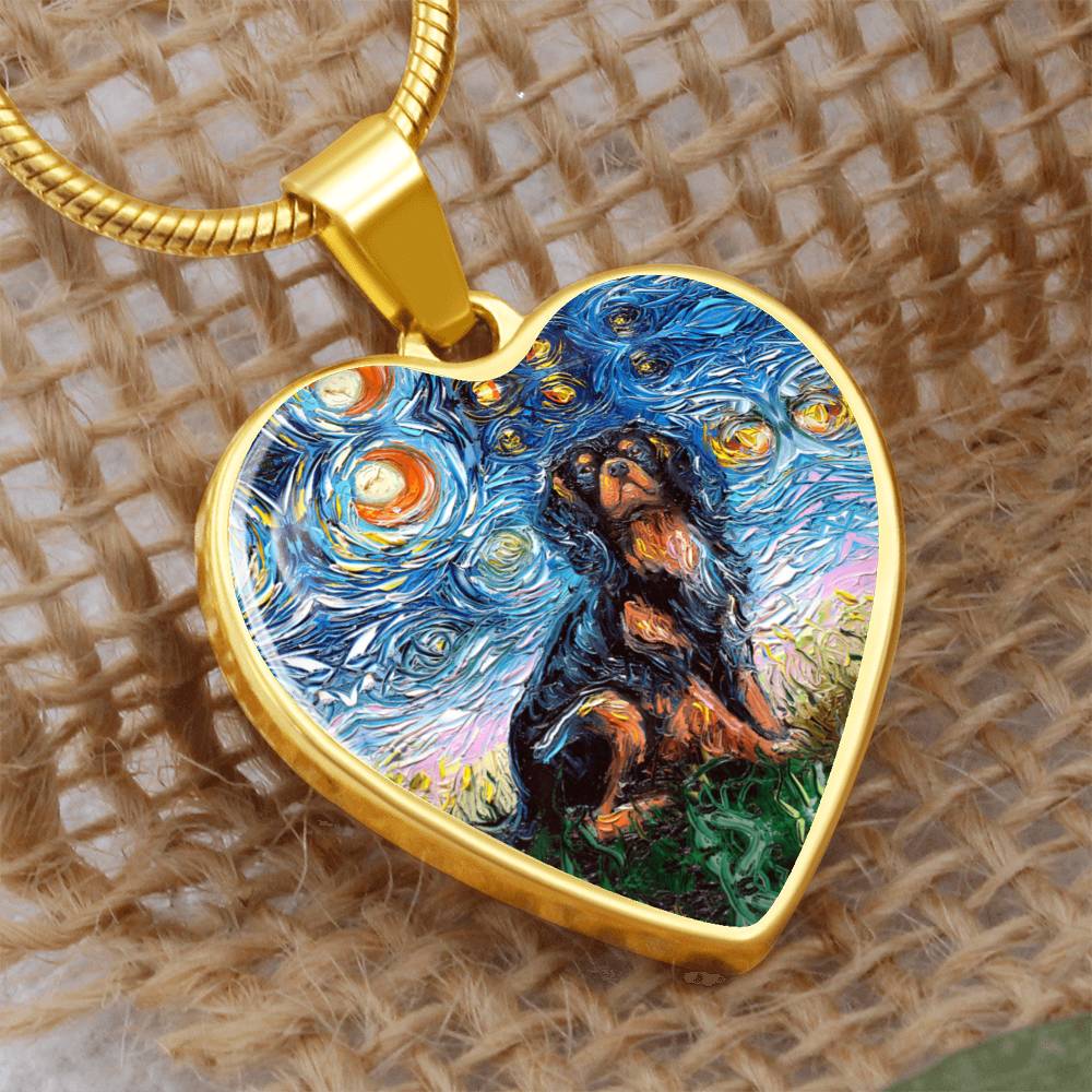 Black and Tan Cavalier Spaniel Starry Night Heart Necklace