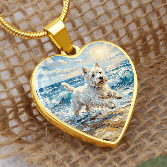 Frolicking Westie at the Beach Heart Necklace