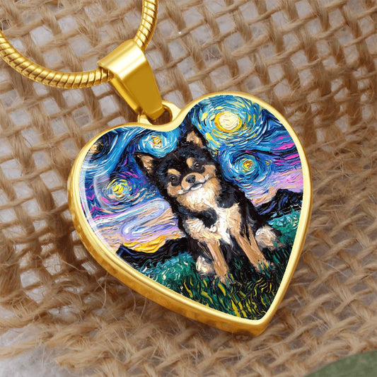 Long Hair Black and Tan Chihuahua Starry Night Heart Necklace