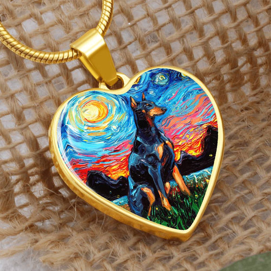 Doberman Pinscher Starry Night Heart Necklace
