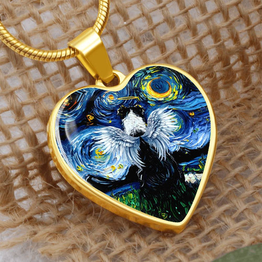 Angel Border Collie Starry Night Heart Necklace