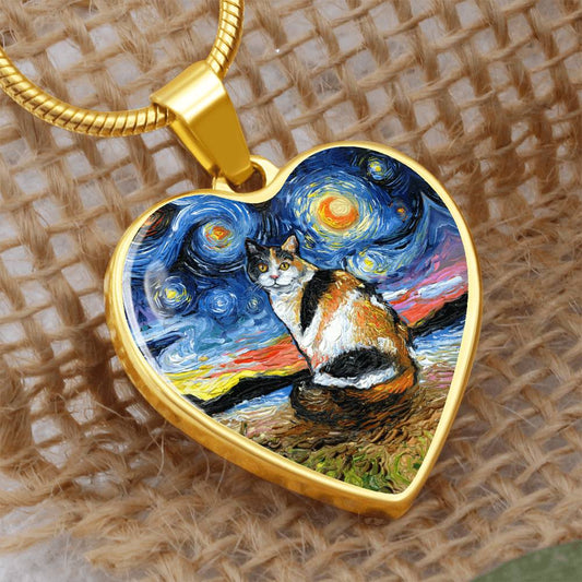 Calico Cat Starry Night Heart Necklace