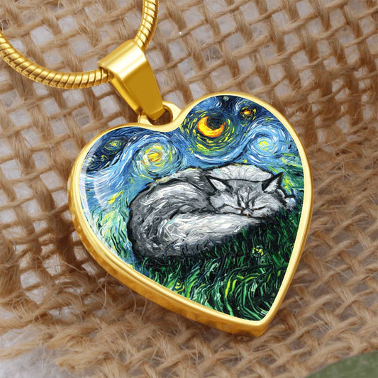 Sleeping Persian Cat Starry Night Heart Necklace