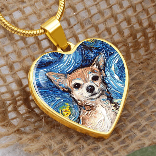 Chihuahua Portrait Starry Night Heart Necklace