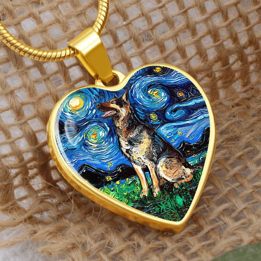 German Shepherd Starry Night Heart Necklace