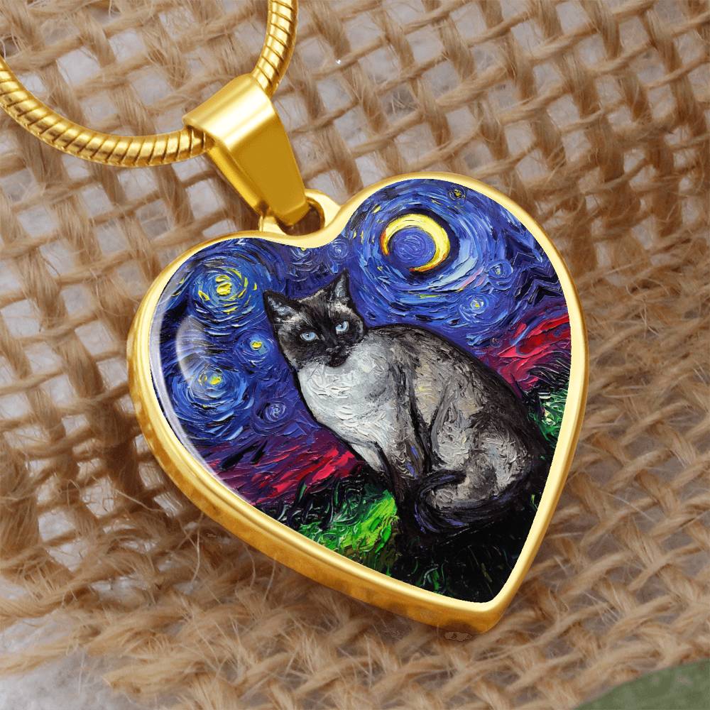 Siamese Cat Starry Night Heart Necklace