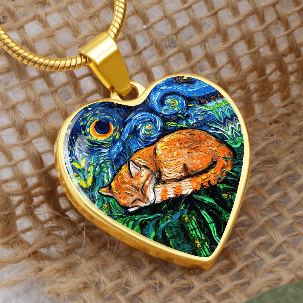 Sleepy Orange Tabby Cat Heart Necklace