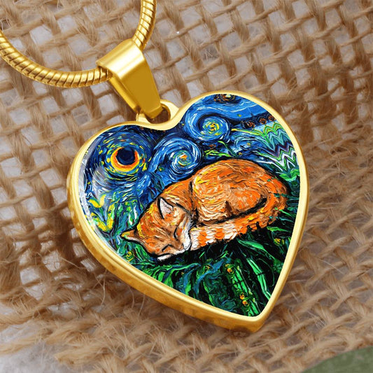 Sleepy Orange Tabby Cat Heart Necklace