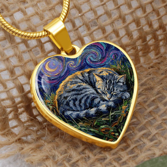 Sleepy American Shorthair Tabby Heart Necklace