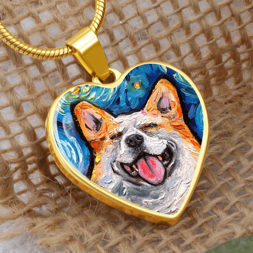 Smiling Corgi Portrait Starry Night Heart Necklace