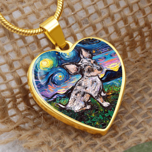 Merle Teacup Chihuahua Starry Night Heart Necklace