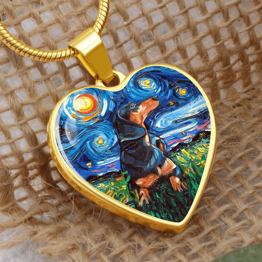 Black and Tan Dachshund Starry Night Heart Necklace