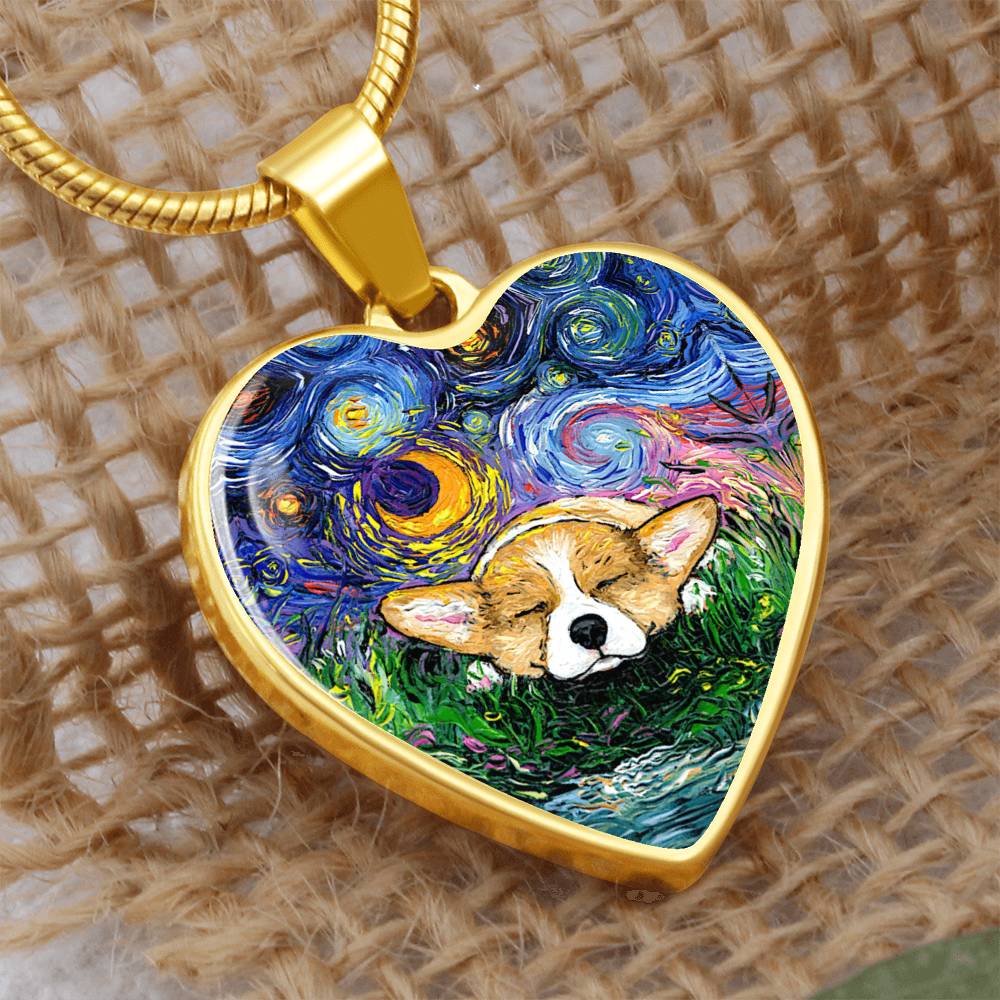 Sleeping Corgi Starry Night Heart Necklace