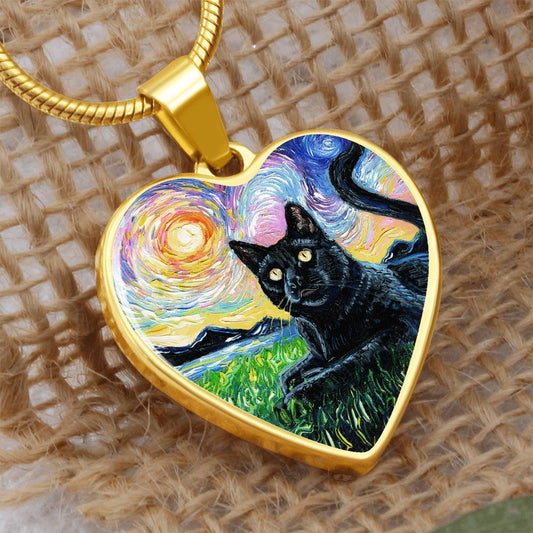 Black Cat and Sunset Starry Night Heart Necklace