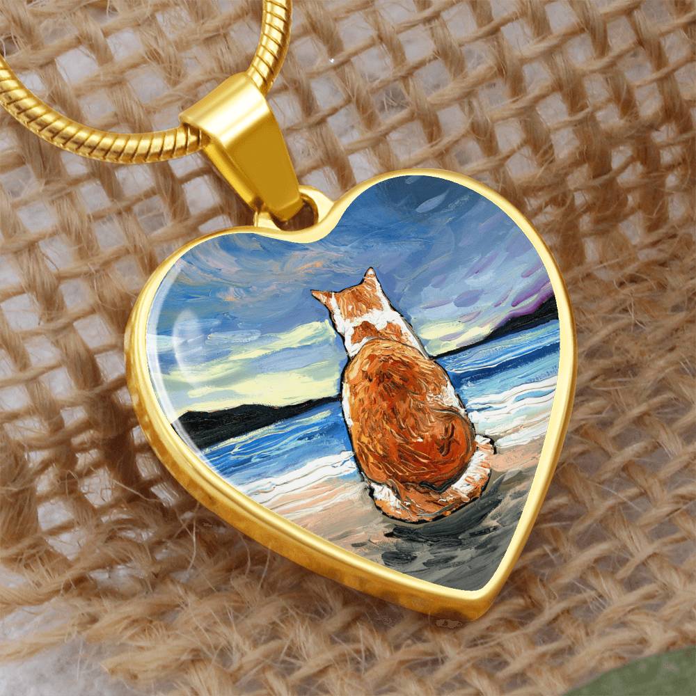 Beach Days - Orange and White Tabby Heart Necklace
