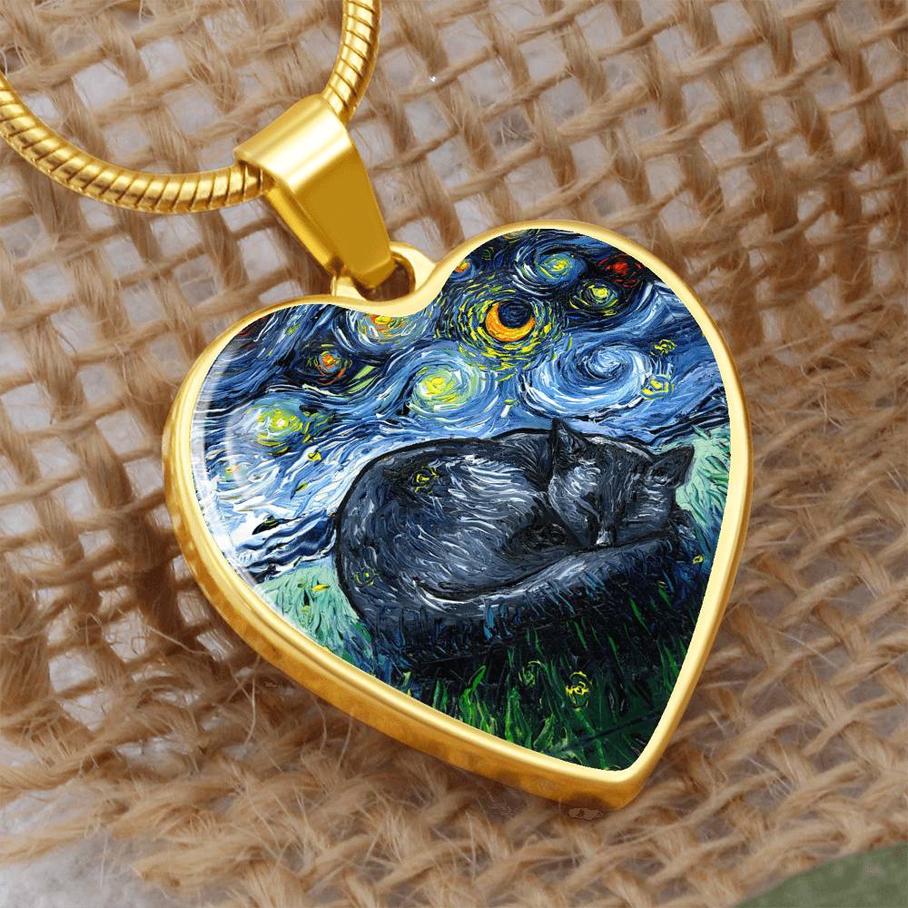 Sleeping Black Cat Starry Night Heart Necklace