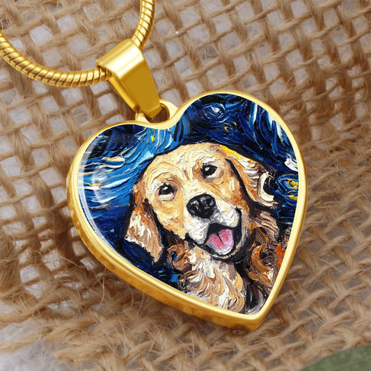 Golden Retriever Portrait Starry Night Heart Necklace
