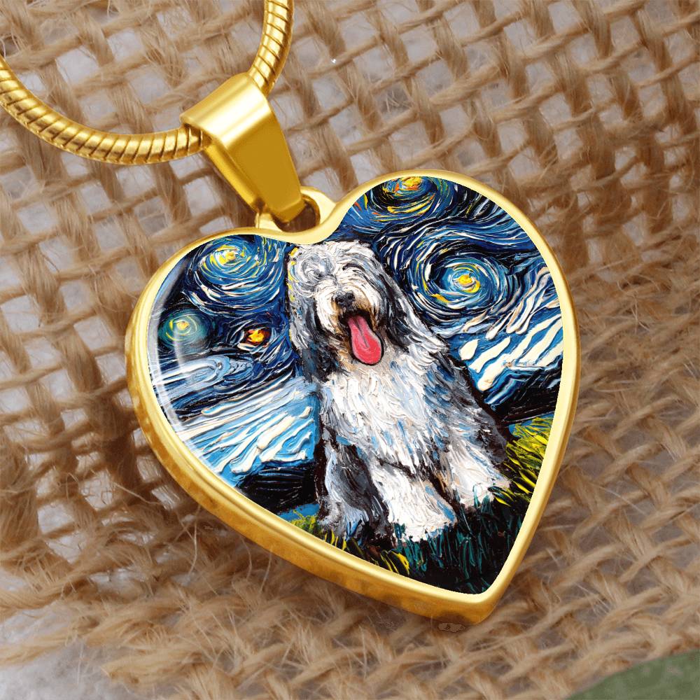 Bearded Collie Starry Night Heart Necklace