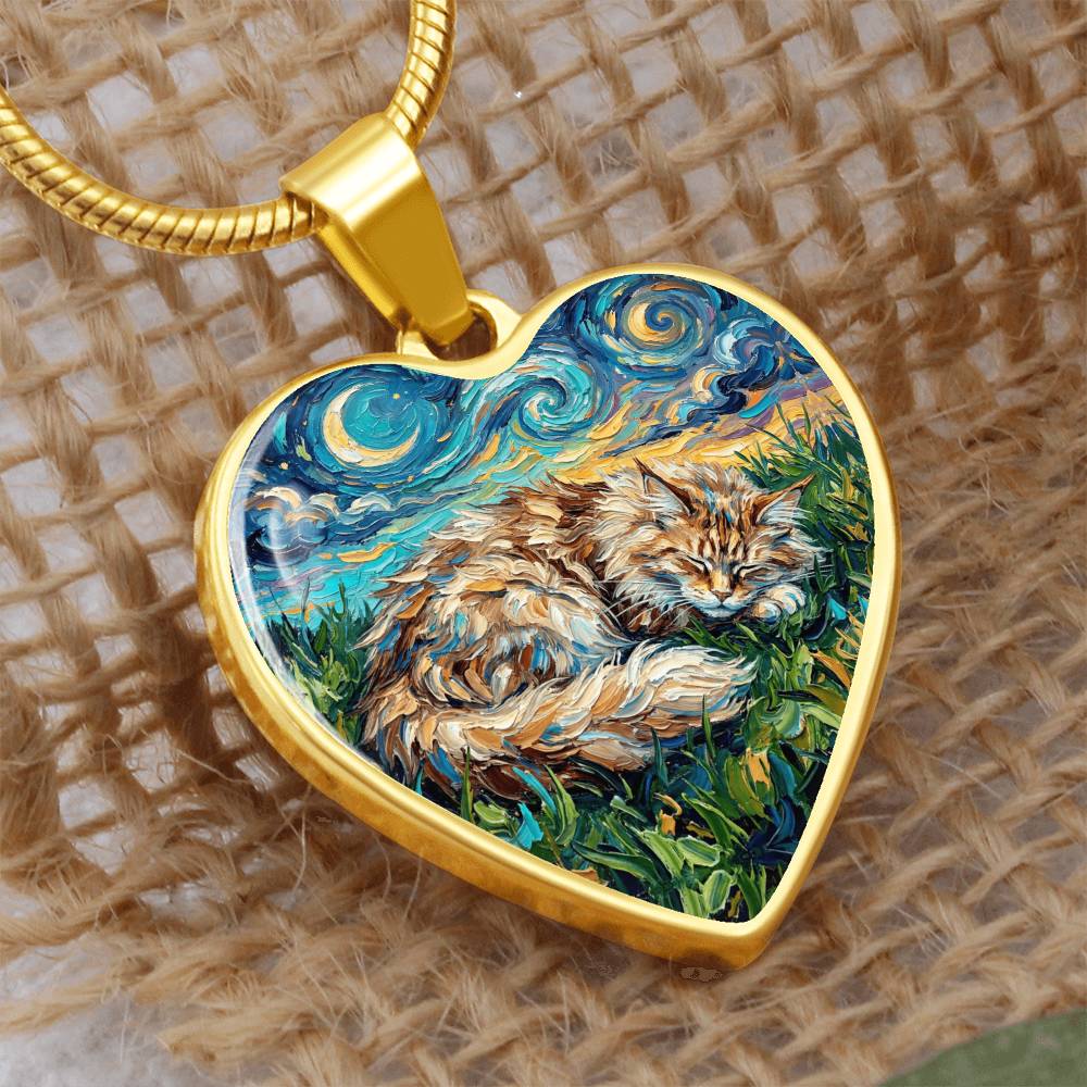 Sleepy Maine Coon Night Heart Necklace