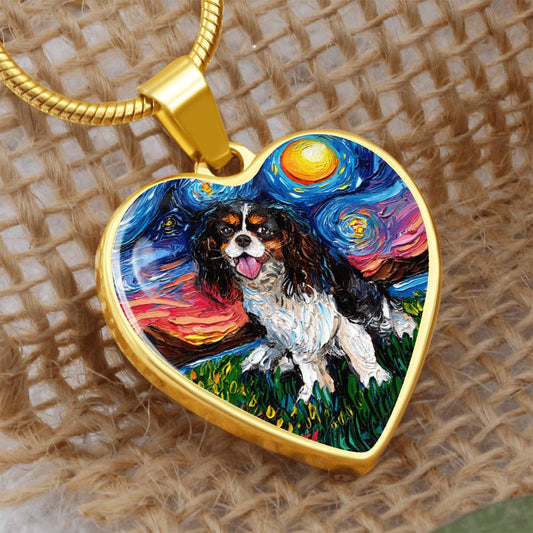 Tri Color Cavalier King Charles Spaniel Starry Night Heart Necklace