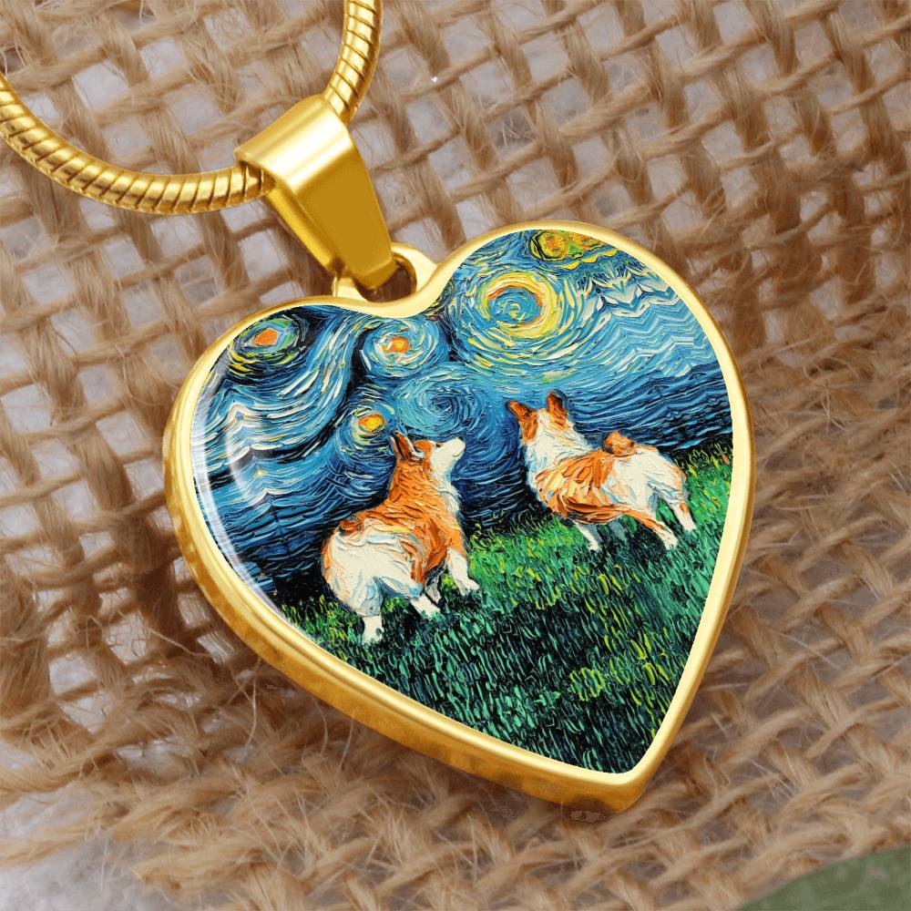 Corgi Starry Night Heart Necklace