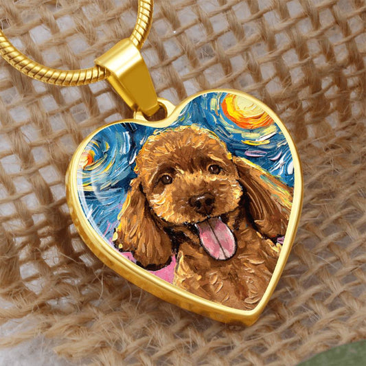 Apricot Poodle Portrait Starry Night Heart Necklace